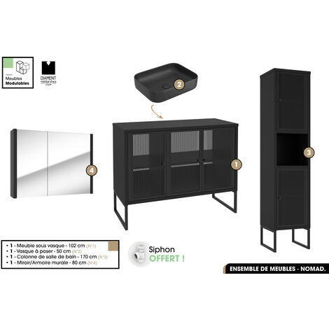 Ensemble complet de salle de bain - Meuble - Colonne - Miroir - Vasque avec Siphon OFFERT  NOMAD  NOIR  102 x 80 x 43 cm