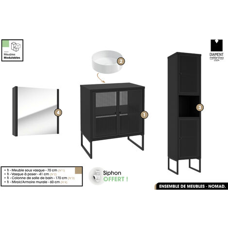 Ensemble complet de salle de bain - Meuble - Colonne - Miroir - Vasque avec Siphon OFFERT  NOMAD  NOIR  70 x 80 x 43 cm