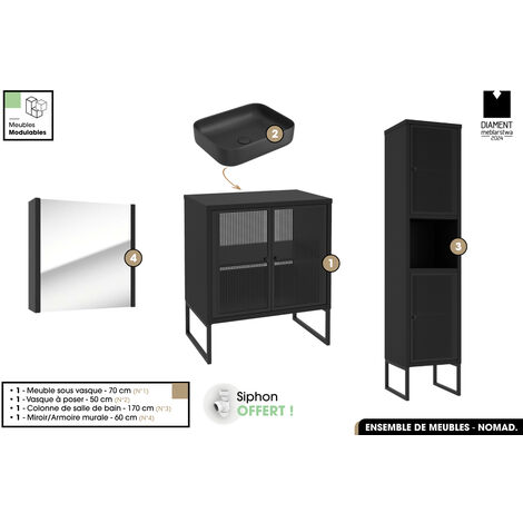 Ensemble complet de salle de bain - Meuble - Colonne - Miroir - Vasque avec Siphon OFFERT  NOMAD  NOIR  70 x 80 x 43 cm