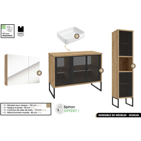 Ensemble complet de salle de bain - Meuble - Colonne - Miroir - Vasque avec Siphon OFFERT  NOMAD  OAK  102 x 80 x 43 cm