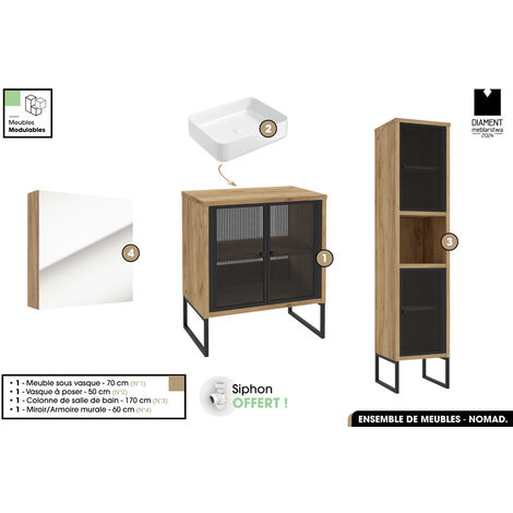 Ensemble complet de salle de bain - Meuble - Colonne - Miroir - Vasque avec Siphon OFFERT  NOMAD  OAK  70 x 80 x 43 cm