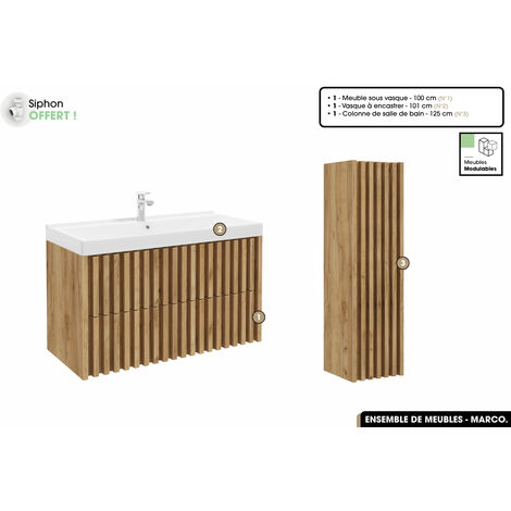 Ensemble complet de salle de bain - Meuble - Colonne - Vasque à encastrer avec Siphon OFFERT  MARCO  Oak  100 x 56 x 45 cm