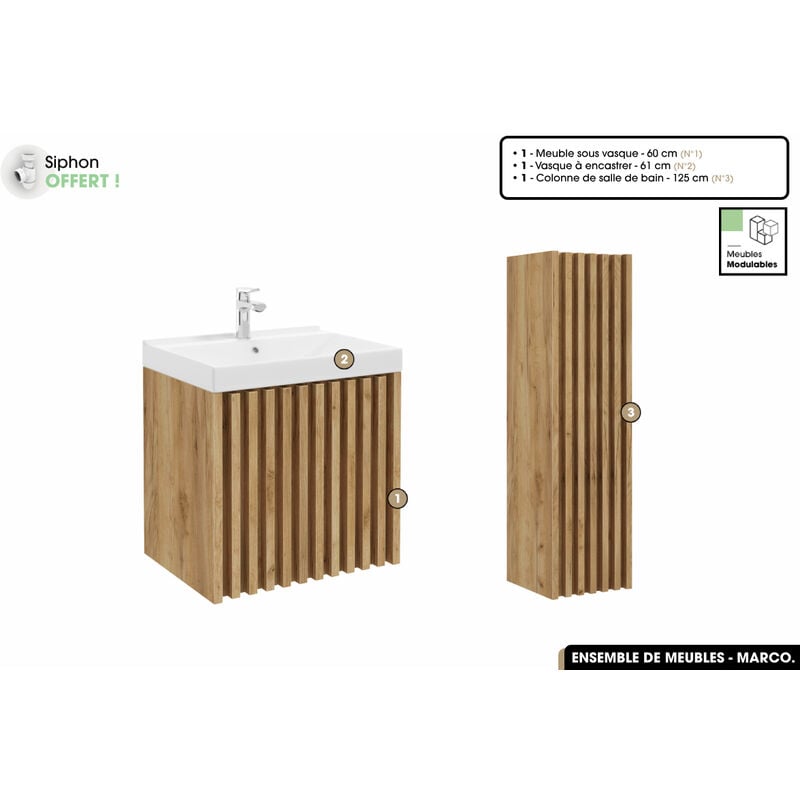 Otitec - Ensemble complet de salle de bain - Meuble - Colonne - Vasque à encastrer avec Siphon offert marco Oak 60 x 56 x 45 cm