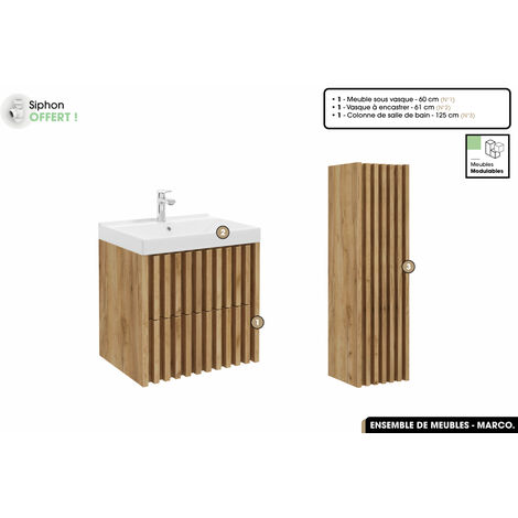 Ensemble complet de salle de bain - Meuble - Colonne - Vasque à encastrer avec Siphon OFFERT  MARCO  Oak  60 x 56 x 45 cm