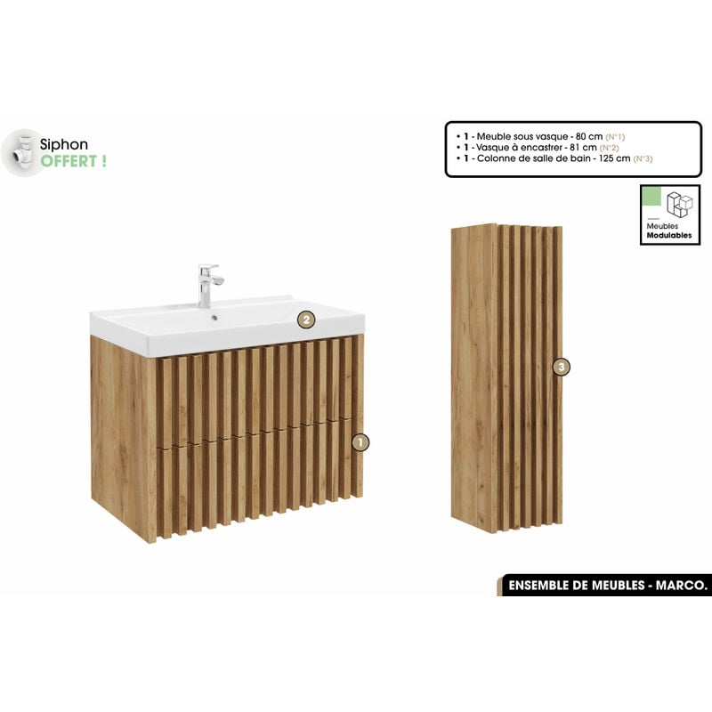 Otitec - Ensemble complet de salle de bain - Meuble - Colonne - Vasque à encastrer avec Siphon offert marco Oak 80 x 56 x 45 cm