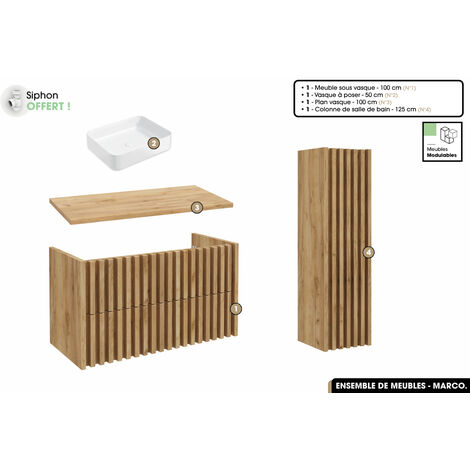 Ensemble complet de salle de bain - Meuble - Colonne - Vasque à poser avec Siphon OFFERT  MARCO  Oak  100 x 56 x 45 cm