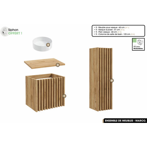 Ensemble complet de salle de bain - Meuble - Colonne - Vasque à poser avec Siphon OFFERT  MARCO  Oak  60 x 56 x 45 cm