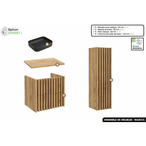 Ensemble complet de salle de bain - Meuble - Colonne - Vasque à poser avec Siphon OFFERT  MARCO  Oak  60 x 56 x 45 cm
