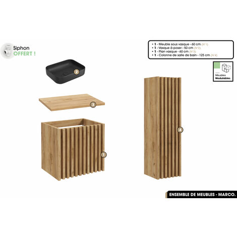 Ensemble complet de salle de bain - Meuble - Colonne - Vasque à poser avec Siphon OFFERT  MARCO  Oak  60 x 56 x 45 cm