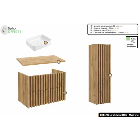 Ensemble complet de salle de bain - Meuble - Colonne - Vasque à poser avec Siphon OFFERT  MARCO  Oak  60 x 56 x 45 cm