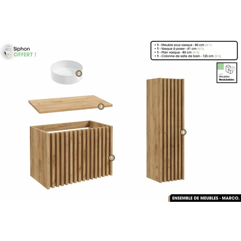 Otitec - Ensemble complet de salle de bain - Meuble - Colonne - Vasque à poser avec Siphon offert marco Oak 80 x 56 x 45 cm