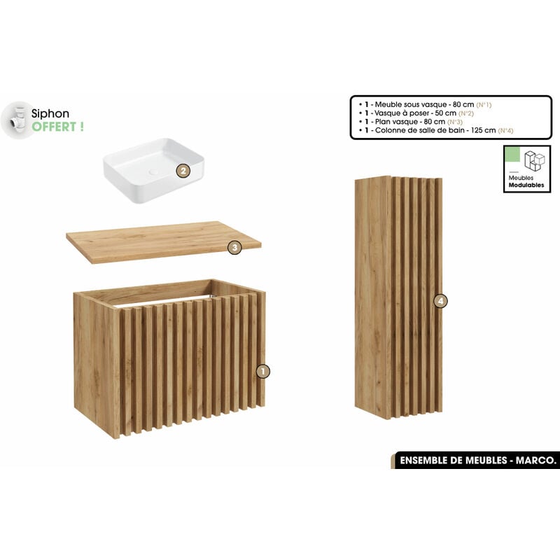 Otitec - Ensemble complet de salle de bain - Meuble - Colonne - Vasque à poser avec Siphon offert marco Oak 80 x 56 x 45 cm