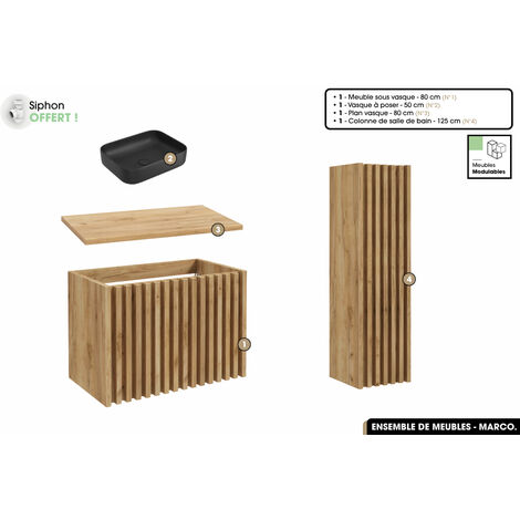 Ensemble complet de salle de bain - Meuble - Colonne - Vasque à poser avec Siphon OFFERT  MARCO  Oak  80 x 56 x 45 cm