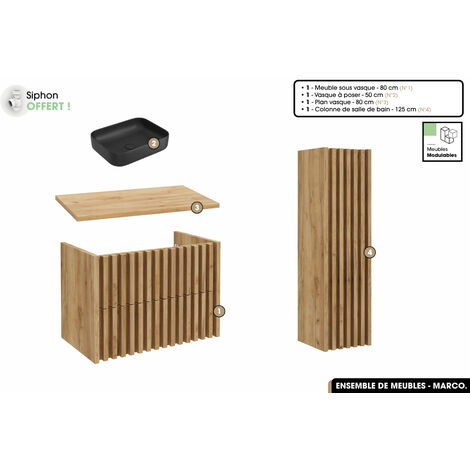 Ensemble complet de salle de bain - Meuble - Colonne - Vasque à poser avec Siphon OFFERT  MARCO  Oak  80 x 56 x 45 cm