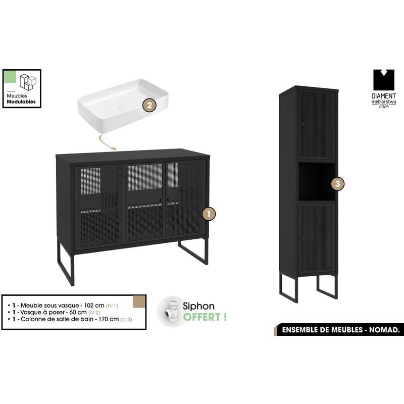 Otitec - Ensemble complet de salle de bain - Meuble - Colonne - Vasque avec Siphon offert nomad noir 102 x 80 x 43 cm