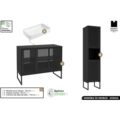 Ensemble complet de salle de bain - Meuble - Colonne - Vasque avec Siphon OFFERT  NOMAD  NOIR  102 x 80 x 43 cm