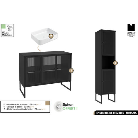 Ensemble complet de salle de bain - Meuble - Colonne - Vasque avec Siphon OFFERT  NOMAD  NOIR  102 x 80 x 43 cm