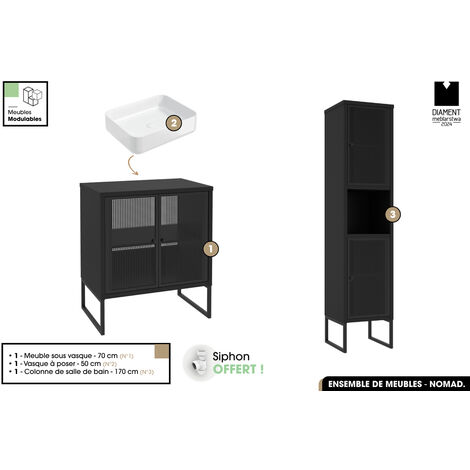 Ensemble complet de salle de bain - Meuble - Colonne - Vasque avec Siphon OFFERT  NOMAD  NOIR  70 x 80 x 43 cm