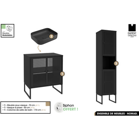 Ensemble complet de salle de bain - Meuble - Colonne - Vasque avec Siphon OFFERT  NOMAD  NOIR  70 x 80 x 43 cm