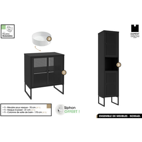 Ensemble complet de salle de bain - Meuble - Colonne - Vasque avec Siphon OFFERT  NOMAD  NOIR  70 x 80 x 43 cm
