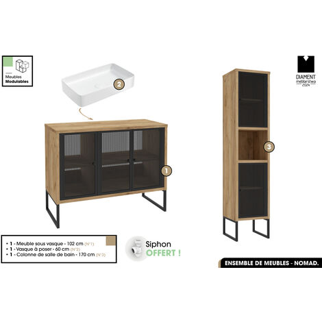 Ensemble complet de salle de bain - Meuble - Colonne - Vasque avec Siphon OFFERT  NOMAD  OAK  102 x 80 x 43 cm