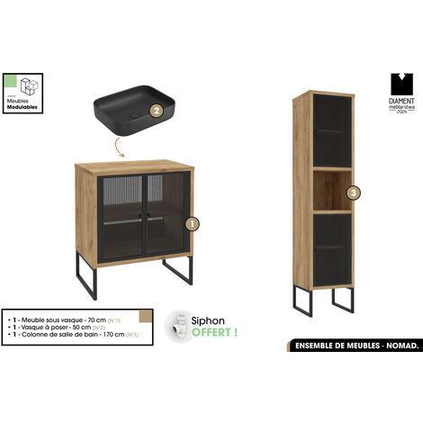Ensemble complet de salle de bain - Meuble - Colonne - Vasque avec Siphon OFFERT  NOMAD  OAK  70 x 80 x 43 cm