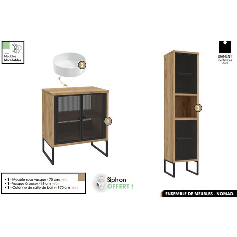 Ensemble complet de salle de bain - Meuble - Colonne - Vasque avec Siphon OFFERT  NOMAD  OAK  70 x 80 x 43 cm