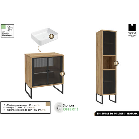 Ensemble complet de salle de bain - Meuble - Colonne - Vasque avec Siphon OFFERT  NOMAD  OAK  70 x 80 x 43 cm