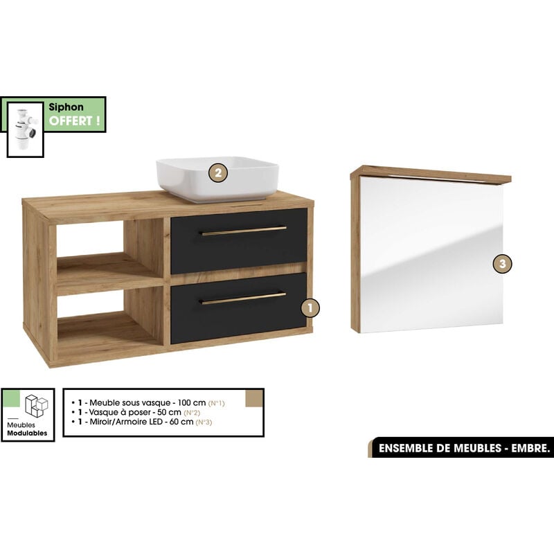 Otitec - Ensemble complet - de salle de bain - Meuble - Miroir/Armoire led - Vasque avec Siphon offert embre Noir 100 x 50 x 45 cm