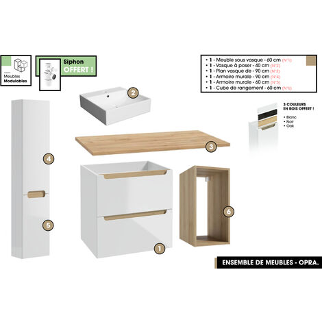 Ensemble complet de salle de bain - Meuble - Plan - Armoires - Cube - Vasque à poser avec Siphons OFFERT  OPRA  90 x 60 x 45 cm