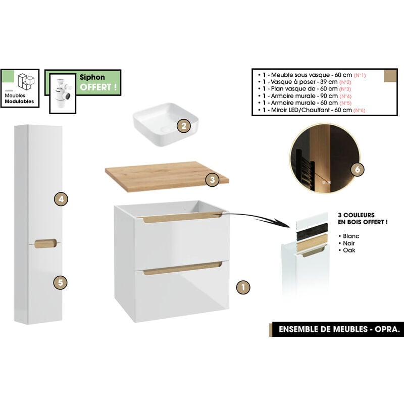 Otitec - Ensemble complet de salle de bain - Meuble - Plan - Armoires - Miroir - Vasque à poser avec Siphon offert opra 60 x 60 x 45 cm