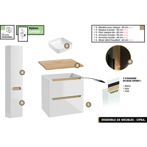 Ensemble complet de salle de bain - Meuble - Plan - Armoires - Miroir - Vasque à poser avec Siphon OFFERT  OPRA  60 x 60 x 45 cm