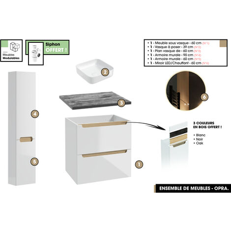 Ensemble complet de salle de bain - Meuble - Plan - Armoires - Miroir - Vasque à poser avec Siphon OFFERT  OPRA  60 x 60 x 45 cm