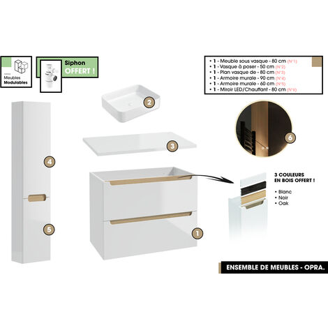 Ensemble complet de salle de bain - Meuble - Plan - Armoires - Miroir - Vasque à poser avec Siphon OFFERT  OPRA  80 x 60 x 45 cm