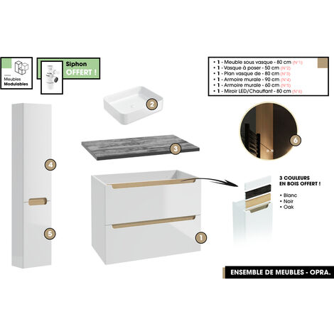 Ensemble complet de salle de bain - Meuble - Plan - Armoires - Miroir - Vasque à poser avec Siphon OFFERT  OPRA  80 x 60 x 45 cm