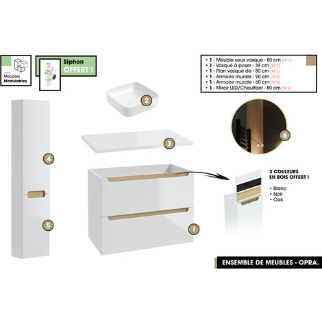 Ensemble complet de salle de bain - Meuble - Plan - Armoires - Miroir - Vasque à poser avec Siphon OFFERT  OPRA  80 x 60 x 45 cm