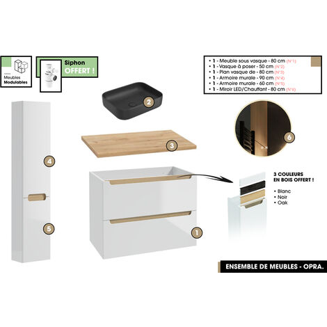 Ensemble complet de salle de bain - Meuble - Plan - Armoires - Miroir - Vasque à poser avec Siphon OFFERT  OPRA  80 x 60 x 45 cm