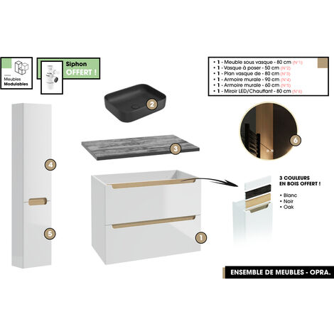 Ensemble complet de salle de bain - Meuble - Plan - Armoires - Miroir - Vasque à poser avec Siphon OFFERT  OPRA  80 x 60 x 45 cm