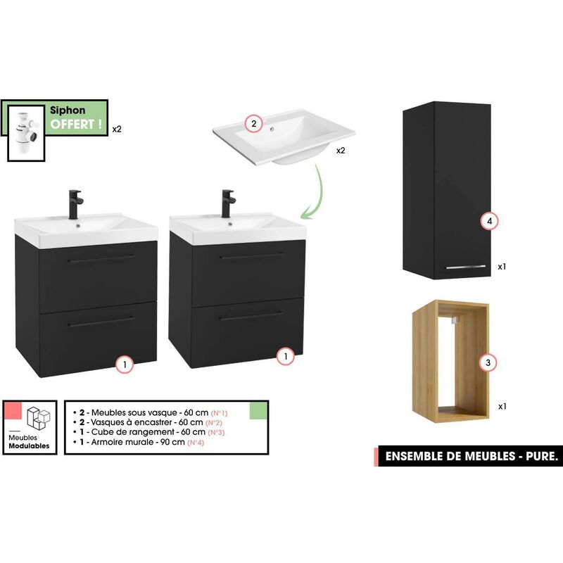 Otitec - Ensemble complet de salle de bain - Meubles - Armoire - Cube - Vasques à encastrer avec Siphons offert pure Noir 120 x 60 x 45 cm