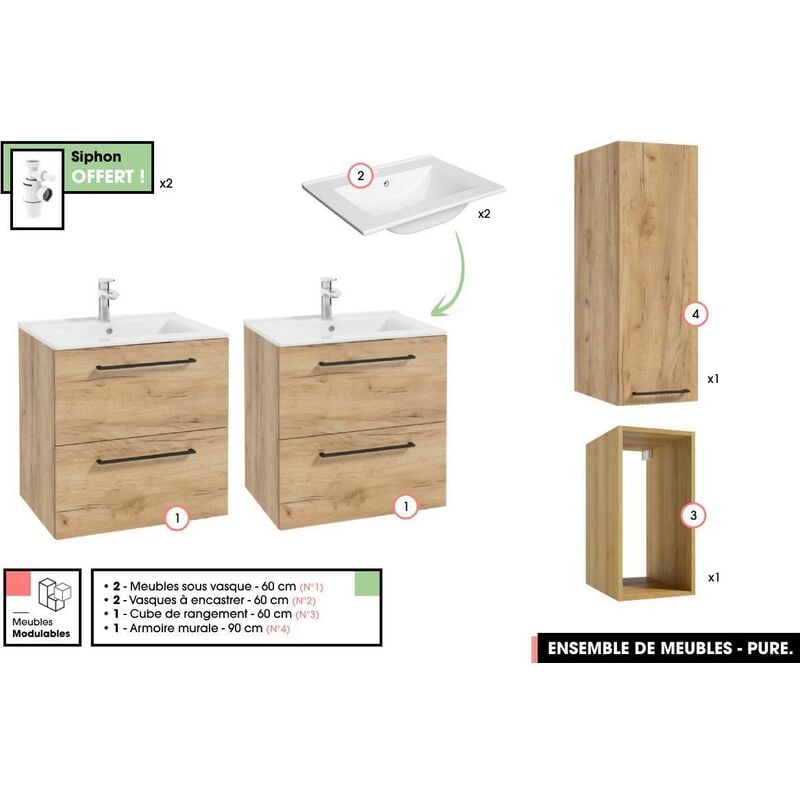 Otitec - Ensemble complet de salle de bain - Meubles - Armoire - Cube - Vasques à encastrer avec Siphons offert pure Oak 120 x 60 x 45 cm