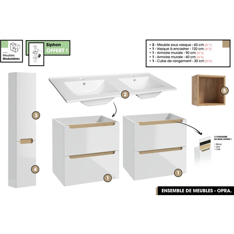 Otitec - Ensemble complet de salle de bain - Meubles - Armoires - Cube - Vasque à encastrer avec Siphons offert opra 120 x 60 x 45 cm