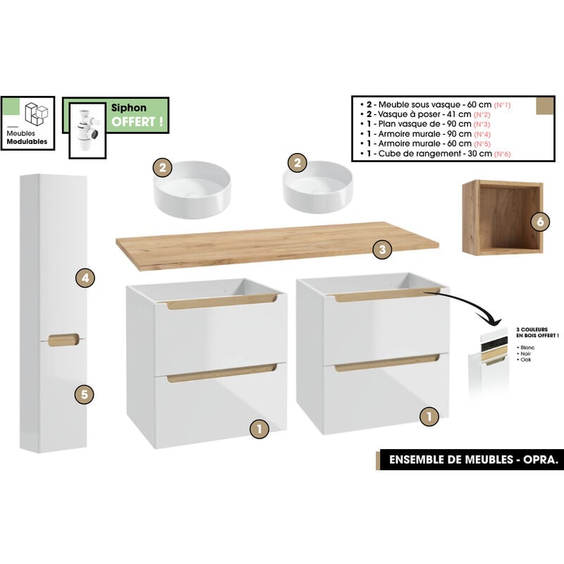 Otitec - Ensemble complet de salle de bain - Meubles - Armoires - Cube - Vasque à poser avec Siphons offert opra 120 x 60 x 45 cm