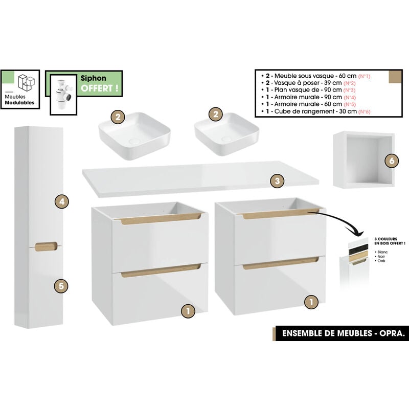 Otitec - Ensemble complet de salle de bain - Meubles - Armoires - Cube - Vasque à poser avec Siphons offert opra 120 x 60 x 45 cm