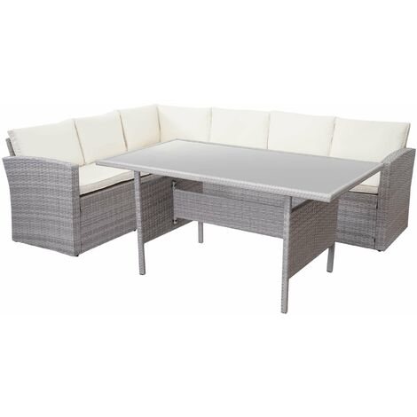 Ensemble complet de salon de jardin terrasse balcon véranda en polyrotin gris clair coussin crème 040003047
