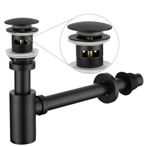 Ensemble complet de siphon en P pour lavabo de salle de bain, kit de vidange d'évier réglable de 1-1/4 po, tube en laiton massif avec siphon à tirette, version trop-plein, noir mat