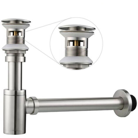 Ensemble complet de siphon en P pour lavabo de salle de bain, siphon réglable de 1-1/4 po, tube de vidange en laiton et bonde de lavabo escamotable avec trop-plein, nickel brossé