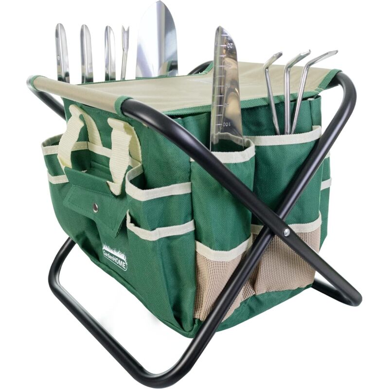 Ensemble complet d'outils de jardinage - Ensemble de 7 pièces, acier inoxydable robuste, tabouret pliant robuste, sac à outils amovible
