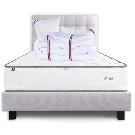 Ensemble Complet Matelas Iris (20 cm) ferme, Sommier gris(20cm) , Tête de lit, Oreiller et Couette, 140x190cm