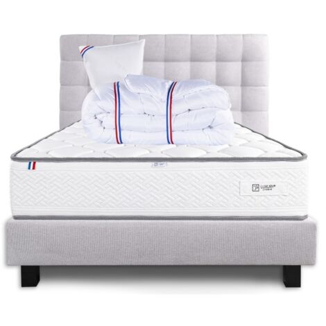 Ensemble Complet Matelas Iris (20 cm) ferme, Sommier gris(20cm) , Tête de lit, Oreiller et Couette, 90x190cm