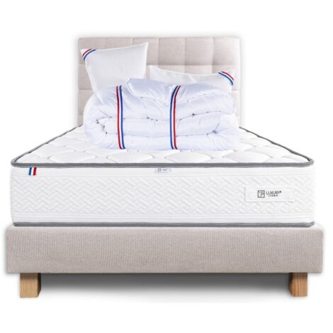 Ensemble Complet Matelas Iris (20 cm) ferme,Sommier beige (20cm) , Tête de lit,Oreiller et Couette, 140x190cm